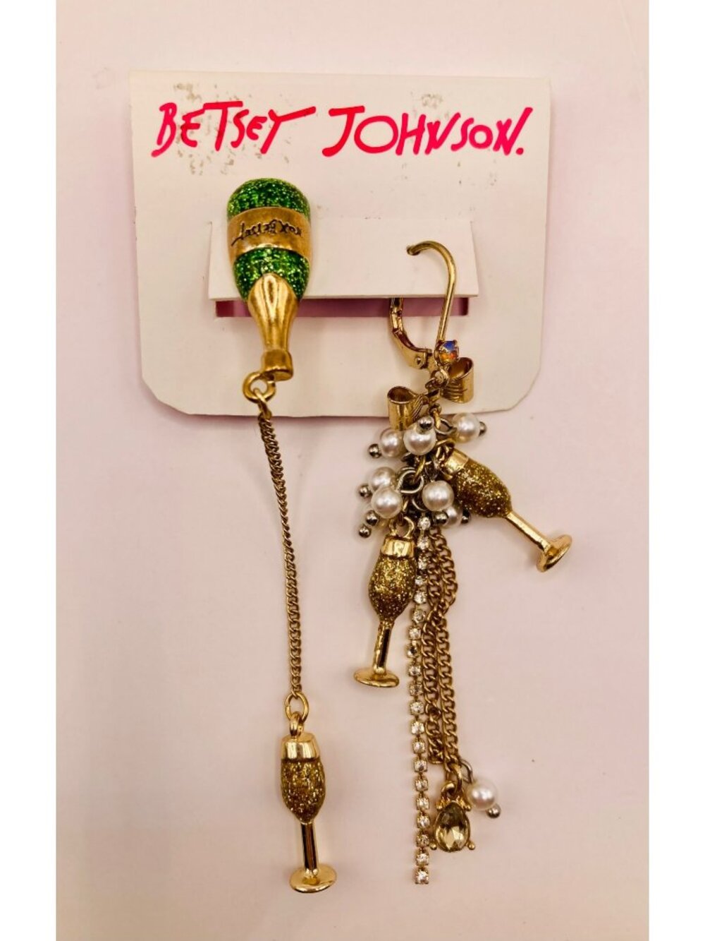 Betsey Johnson Champagne Bottle & Bubbly Glass Mismatched Drop Earrings -21B